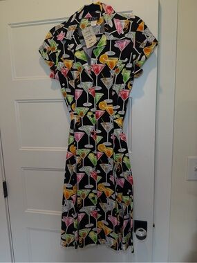 Black Pinup/Vintage Midi Dress with Colorful Cocktail Print